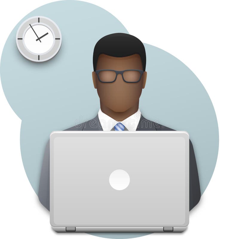 Black business man with glasses working on laptop. Successful young afro businessman on wall background with office clock