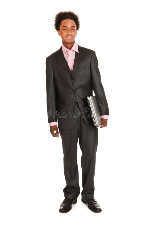 Black business man with laptop isolated over white background