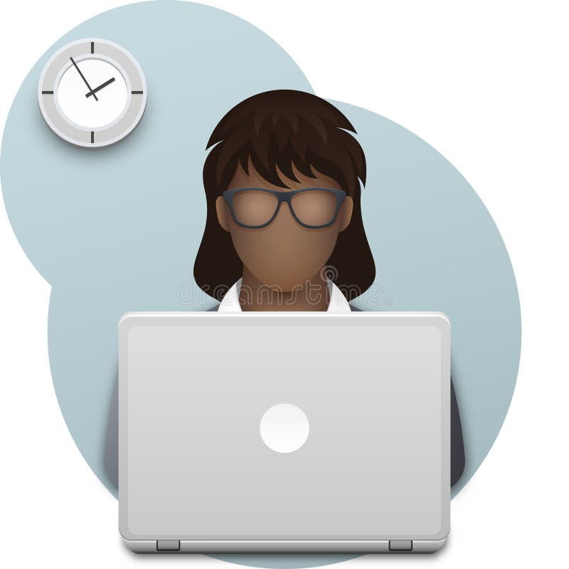 Black business woman in glasses with laptop. Successful young afro businesswoman working on laptop in office