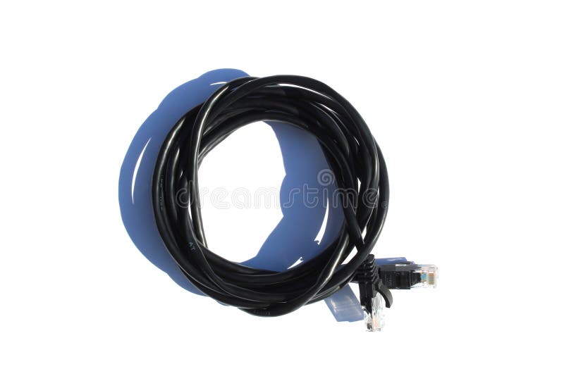 The black cable for connection lies on a white isolated background. stock image