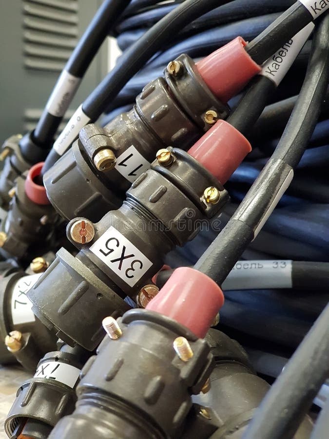 Black cables with electrical connectors royalty free stock image