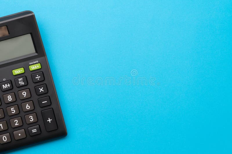 Black Calculator on Solid Blue Background with Copy Space Using for  Financial Activity, Accounting, Tax Calculation or Saving and Stock Image -  Image of desk, background: 147598523