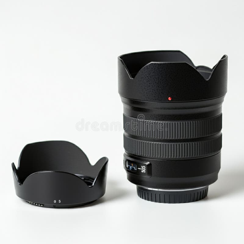 Black camera lens with adjustable zoom and focus rings, featuring a rubberized grip vector illustration