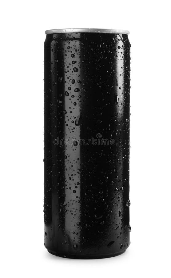 Black Can of Energy Drink with Water Drops Isolated on White. Mockup