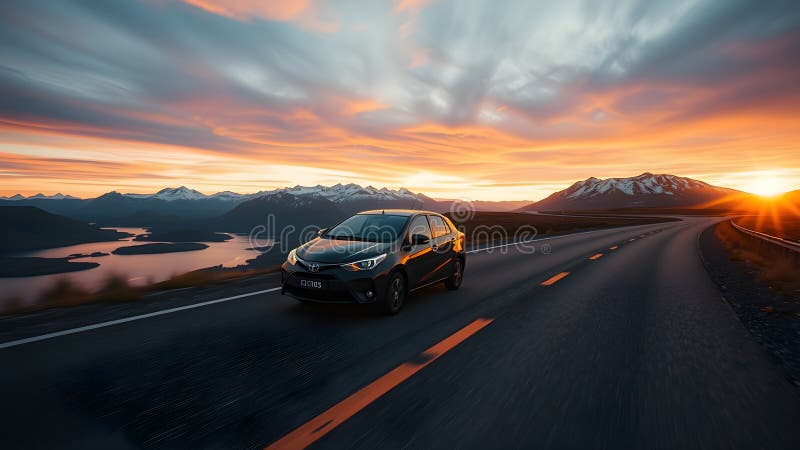 A black car is driving down a road with mountains in the background vector illustration