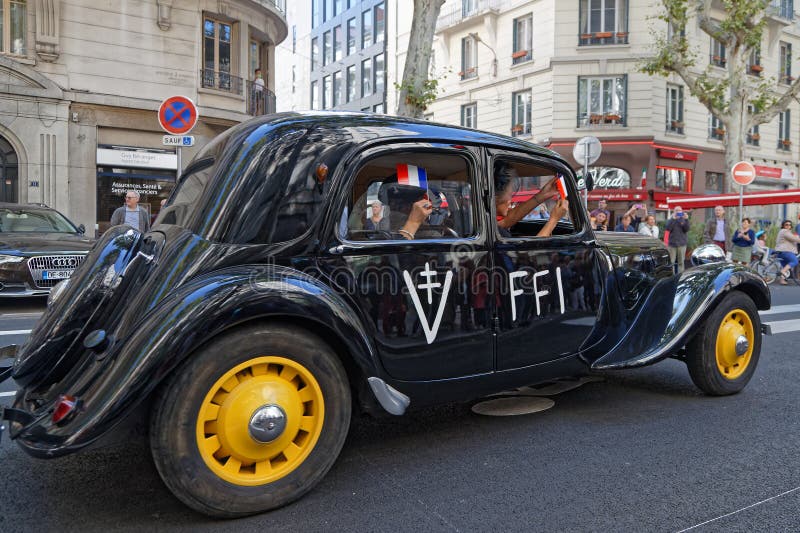 Black car of Free France Army during the 75th anniversary of Liberation of Lyon royalty free stock photo Black car of Free France Army during the 75th anniversary of Liberation of Lyon royalty free stock photo