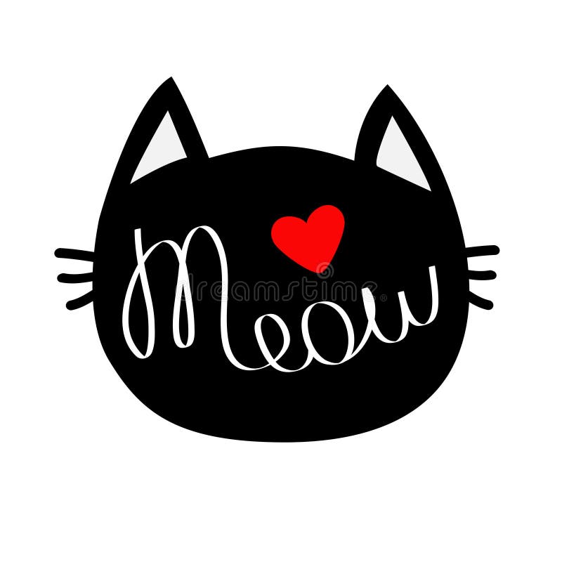 Black cat head silhouette shape. Meow lettering text. Cute cartoon character. Red heart. Love card. Kawaii animal. Baby pet