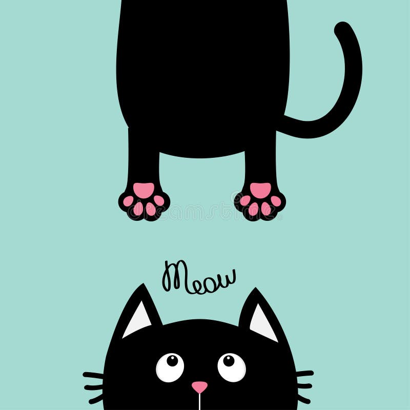 Black cat looking up. Funny face head silhouette. Meow text. Hanging fat body paw print, tail. Kawaii animal. Baby card. Cute cart