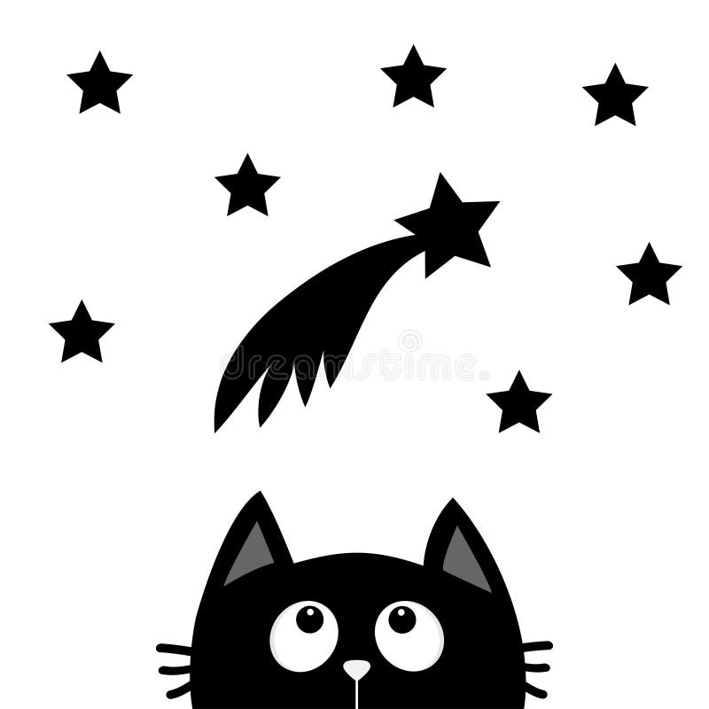 Black cat looking up to comet with stars. Cute cartoon character. Valentines Day. Kawaii romantic animal. Love Greeting card. Flat