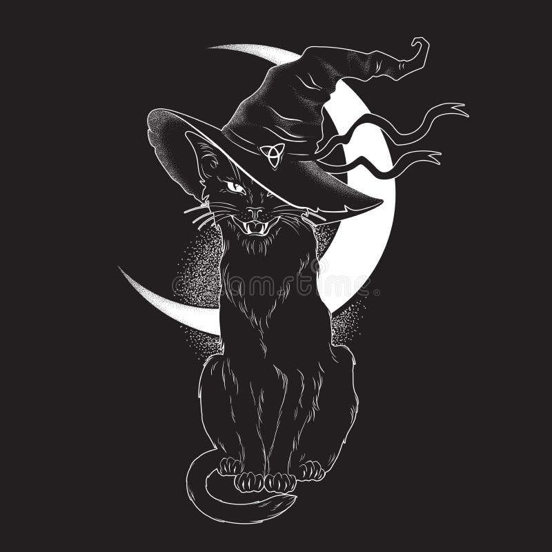 Black cat with pointy witch hat line art and dot work. Wiccan familiar spirit, halloween or pagan witchcraft theme tapestry print