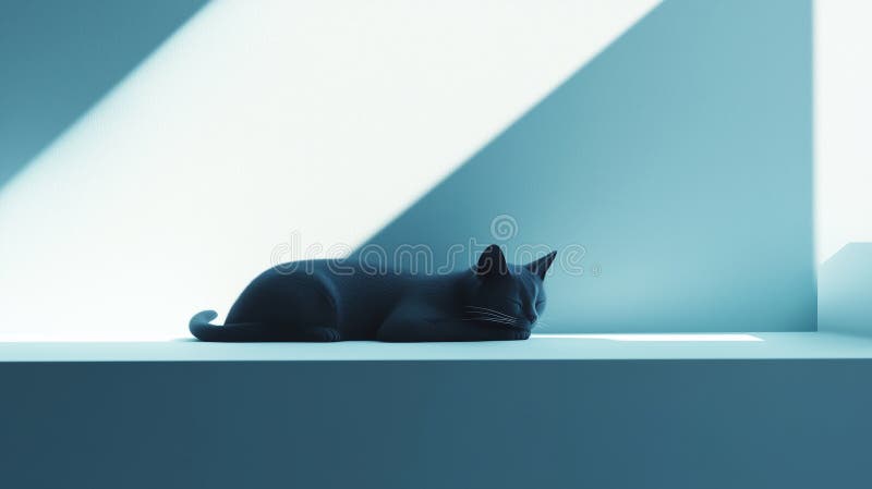 A black cat rests peacefully on a wide, flat surface in a softly lit room stock illustration