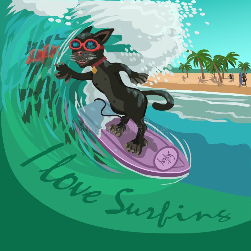 Black Cat Surfer on the Wave Stock Vector - Illustration of slip ...