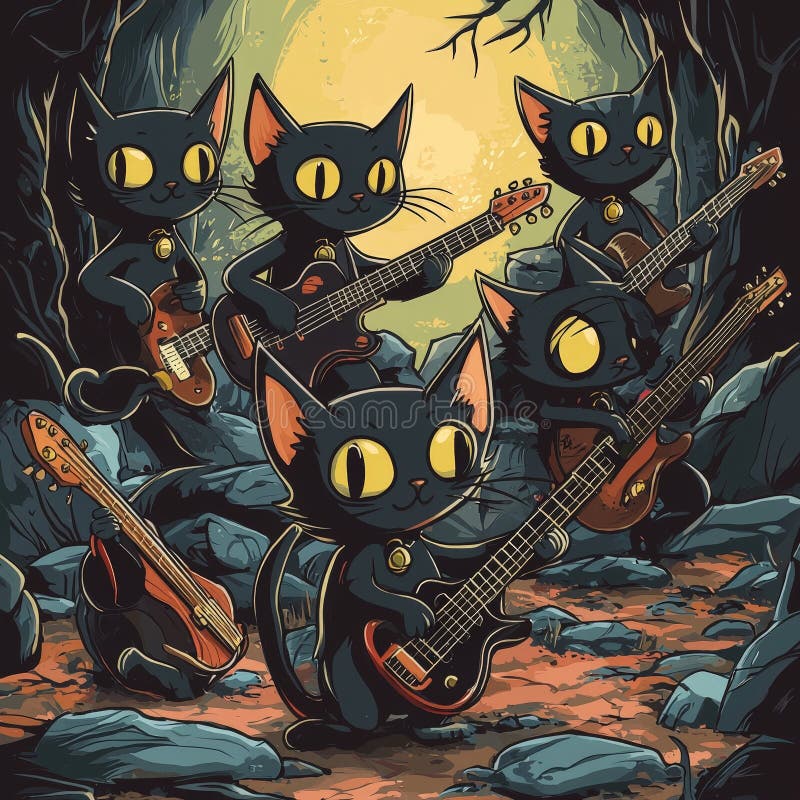 Black Cats Playing Guitar in Spooky Forest Setting stock images