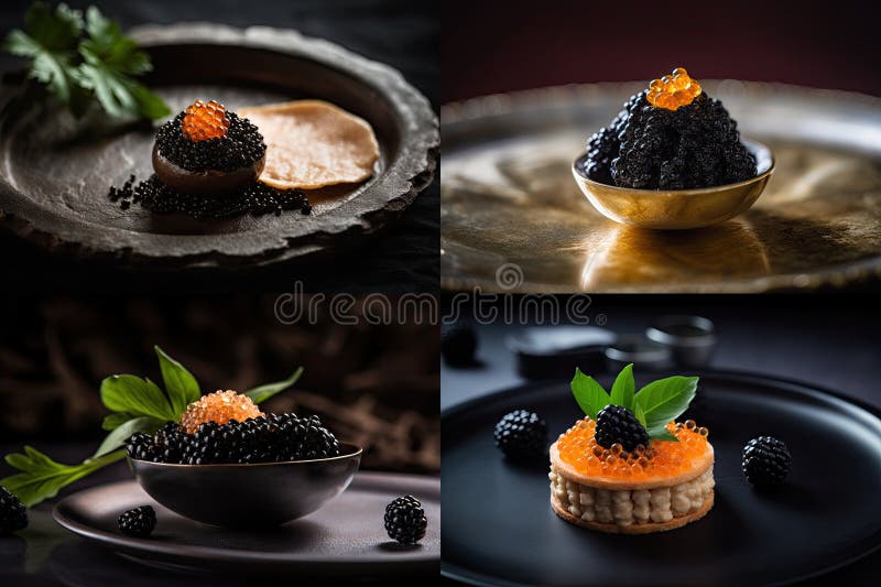 Black Caviar Snack Collage, Sturgeon Delicatessen, Luxury Seafood, Premium Black Caviar, Abstract Generative Ai Illustration