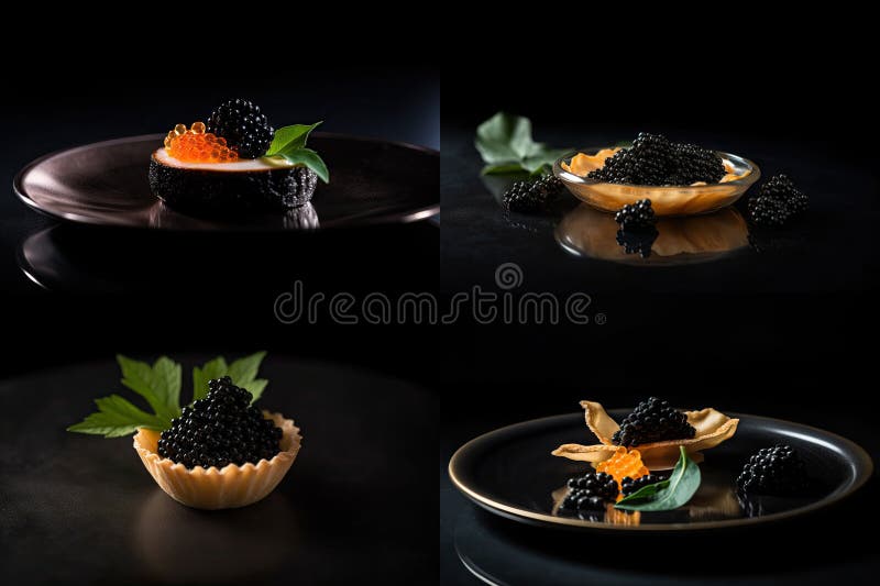 Black Caviar Snack Collage, Sturgeon Delicatessen, Luxury Seafood, Premium Black Caviar, Abstract Generative Ai Illustration