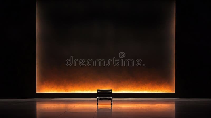 The image depicts a minimalist stage setting with a black chair positioned in the center, facing the stage. The stage is illuminated by a large, rectangular light source that casts a warm, orange glow on the floor. The backdrop of the stage is a dark, possibly black, wall. The floor appears to be tiled, and the overall scene is devoid of any other objects or people, creating a sense of solitude and tranquility. Large rectangular light source stock images, royalty-free photos and pictures