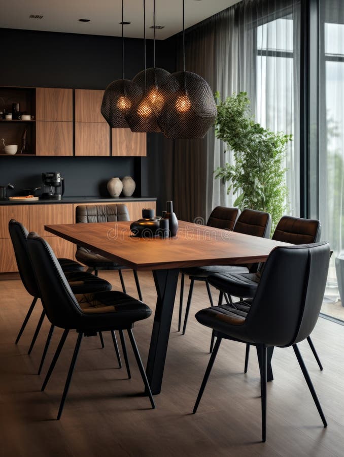 Black Chairs and Leather Sofa at Wooden Dining Table. Interior Design