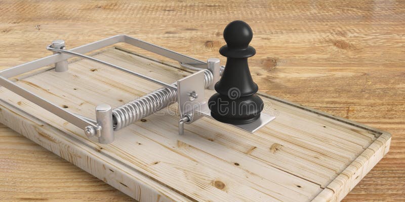 Black chess pawn on a mouse trap on wooden floor. 3d illustration