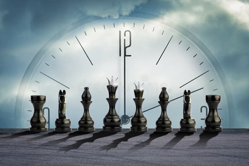 Black chess pieces on a background of a cloudy sky, with a clock. Strategic business concept. Time to make important