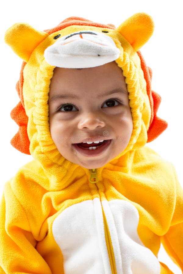 Black child boy,dressed in lion carnival suit, isolated on white background. Baby zodiac - sign Leo.