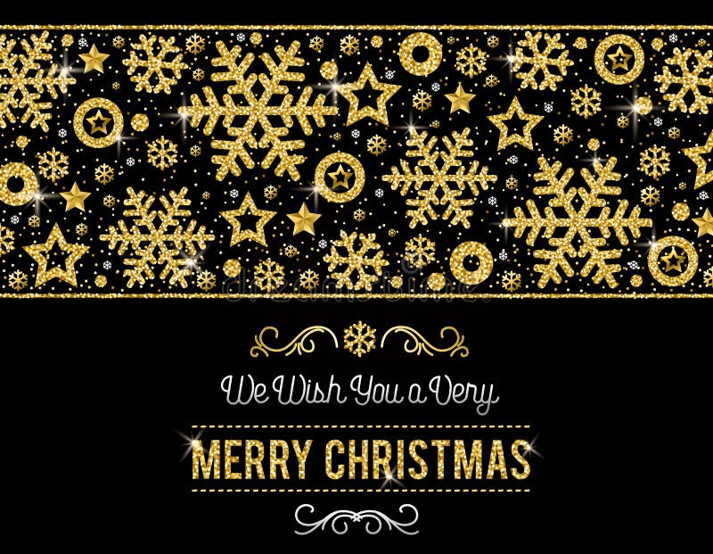 Black Christmas Card with Frame of Golden Glittering Snowflakes Stock ...