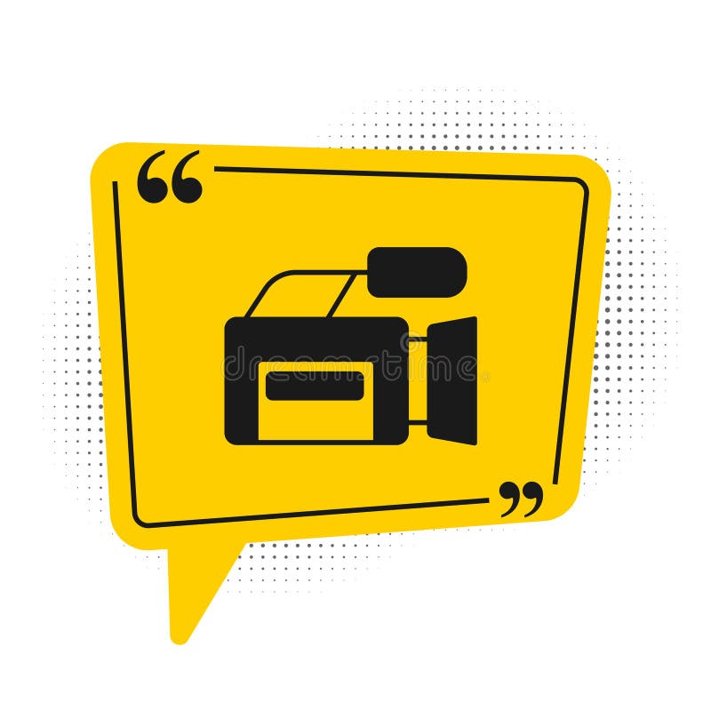 Black Cinema camera icon isolated on white background. Video camera. Movie sign. Film projector. Yellow speech bubble symbol. Vector.