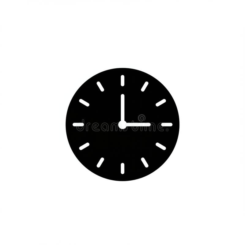 Black circular clock icon with minimalist design on a white background. Features twelve royalty free illustration