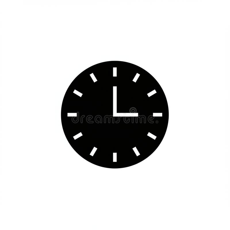 Black circular clock icon on a white background with simple design. The clock face ha stock illustration