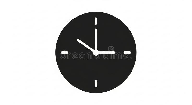Black circular clock icon with white hour, minute hands, and four tick marks stock illustration