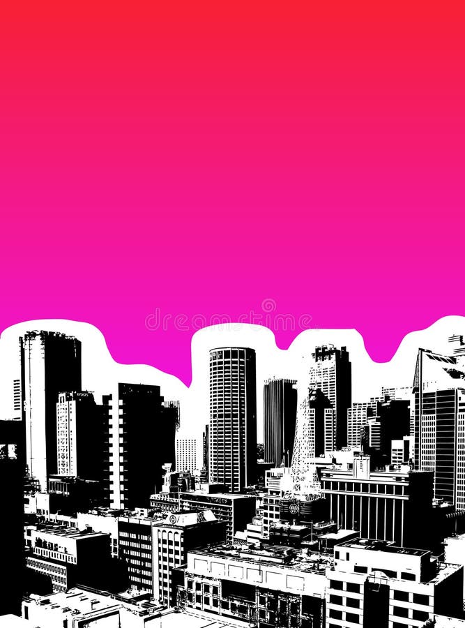 Black city with pink background.