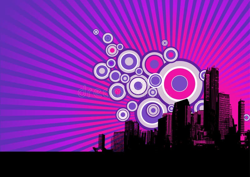 Black city on purple background.