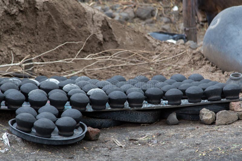 Black Clay Earthen Pots Kept To Dry Stock Image Image of burned