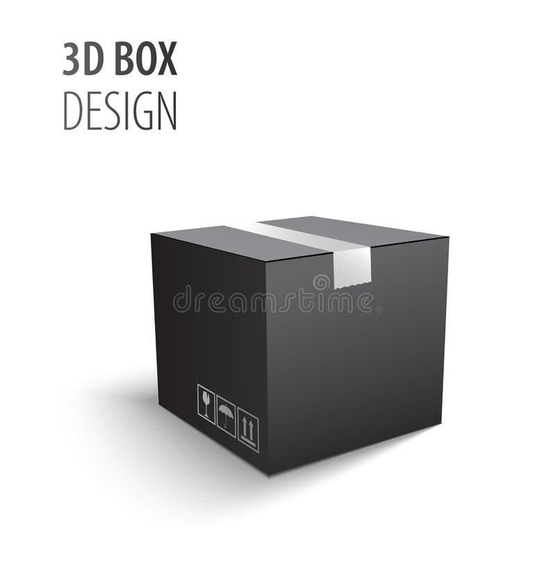 Black closed carton delivery packaging 3d box with fragile signs isolated on white background vector illustration. stock illustration