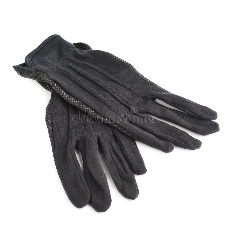 Pair of black cloth working gloves with the rubber pimples isolated over the white background. Pair working gloves stock images, royalty-free photos and pictures