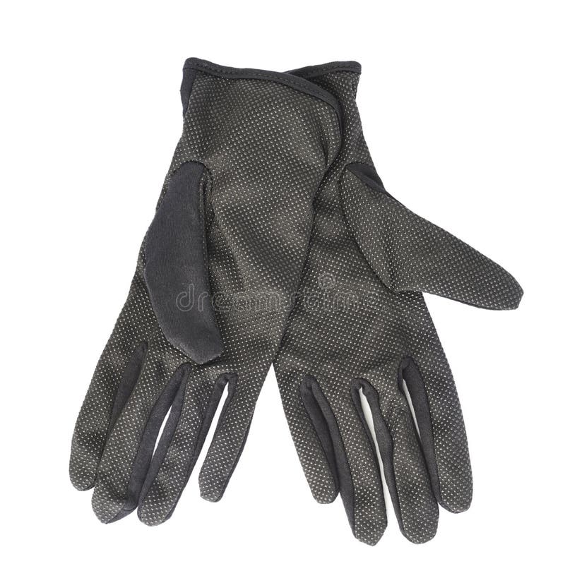 Pair of black cloth working gloves with the rubber pimples isolated over the white background. Pair working gloves stock images, royalty-free photos and pictures