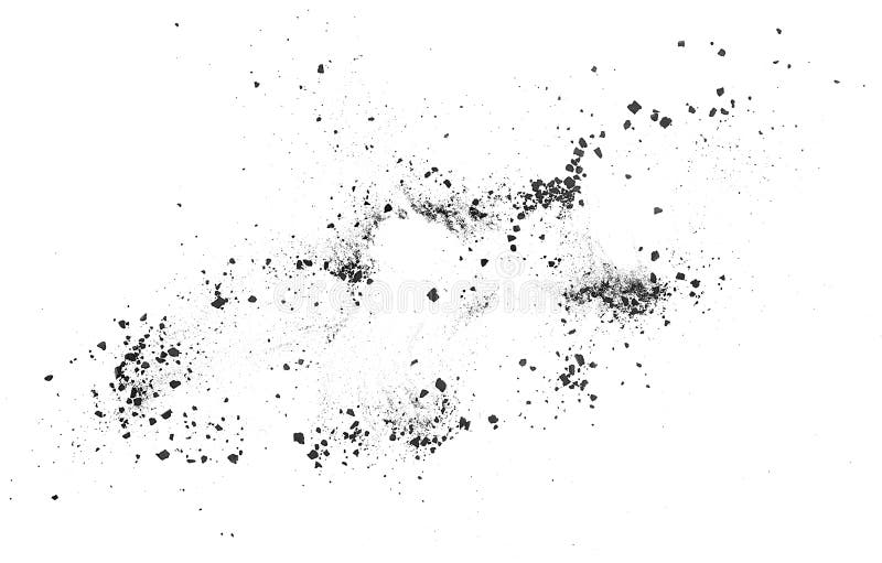Black coal pieces, broken chunks isolated on white background, top view. Black coal dust, gunpowder stock photo