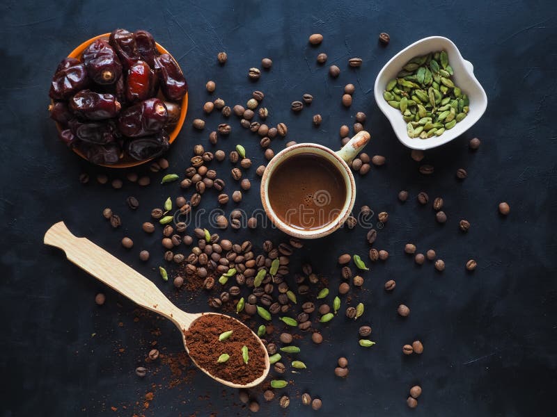 Black Coffee with Cardamom and Dates. Traditional Arabic Coffee. Stock
