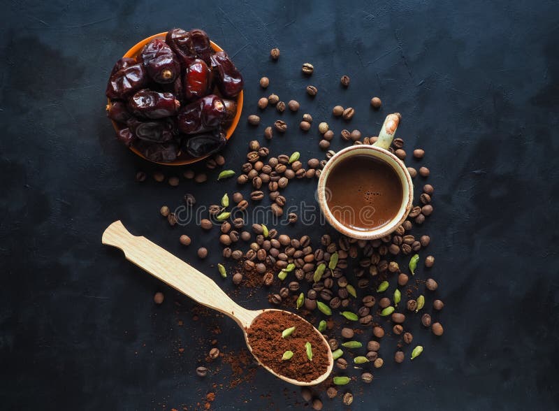 Black Coffee with Cardamom and Dates. Traditional Arabic Coffee. Stock