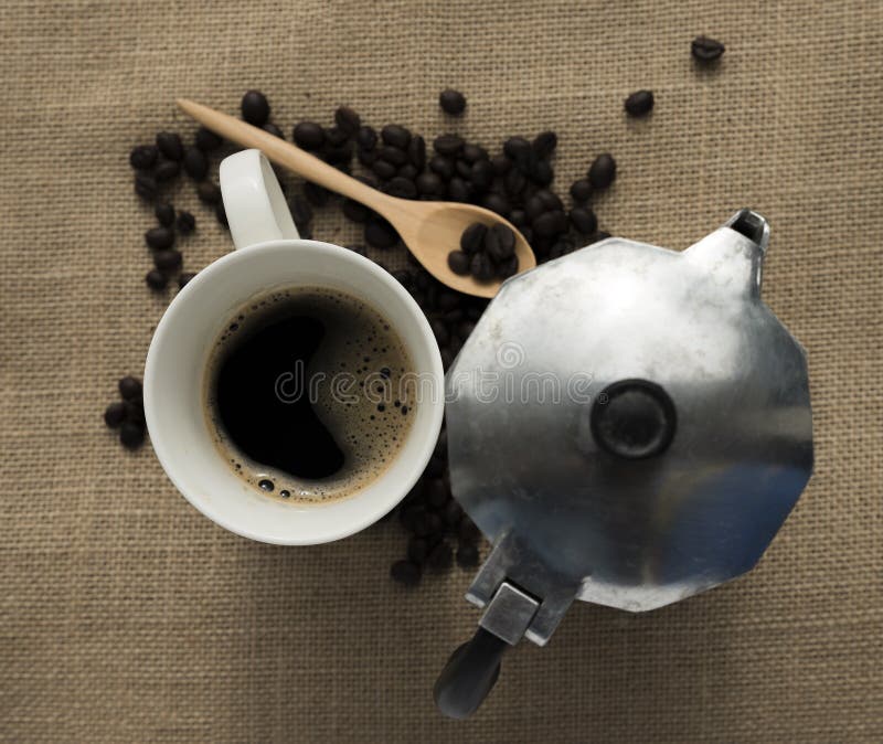 Black Coffee Cup and Coffee Pot Stock Photo Image of drink, closeup