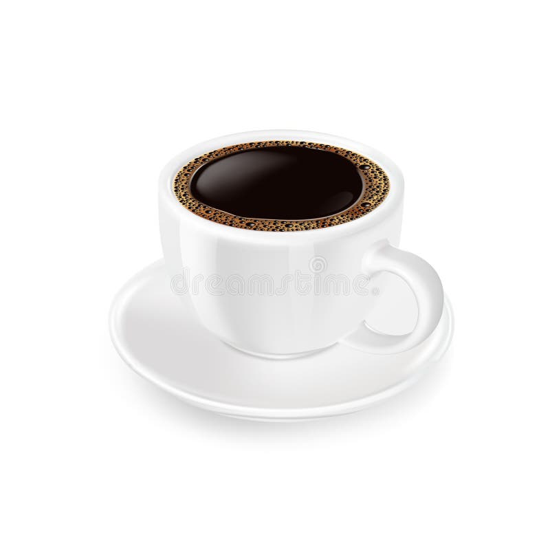 Black Coffee with Foam, in White Cup and Saucer Stock Vector