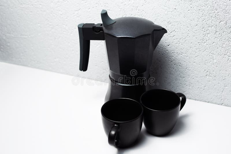 Black Coffee Moka Pot and Two Cups, on White. Stock Image Image of