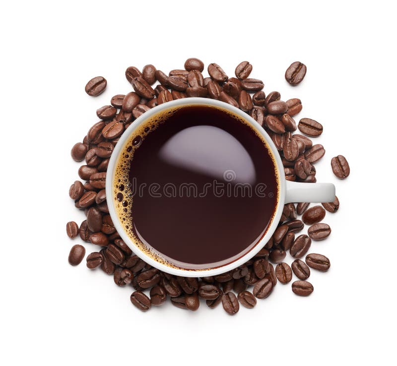 Black coffee surrounded by coffee beans royalty free stock photography