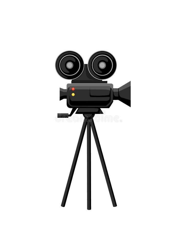 Black Color Movie Camera on Tripod with Film Reel Vector