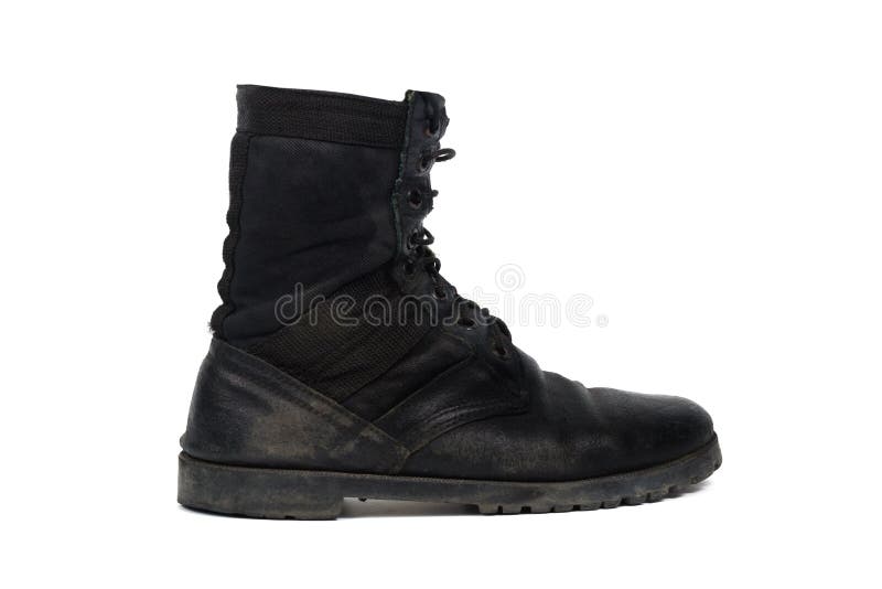 Black combat men boot, isolated on white background royalty free stock photos