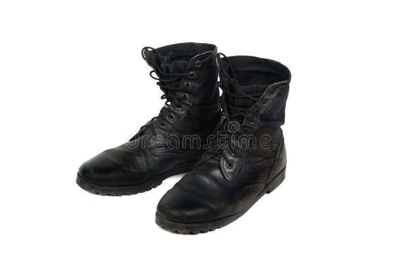 Black combat men boot, isolated on white background. Shoe, uniform.