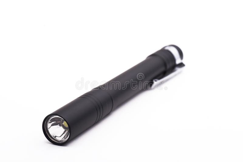 Black Compact Metal Flashlight Isolated on White Background Stock Image