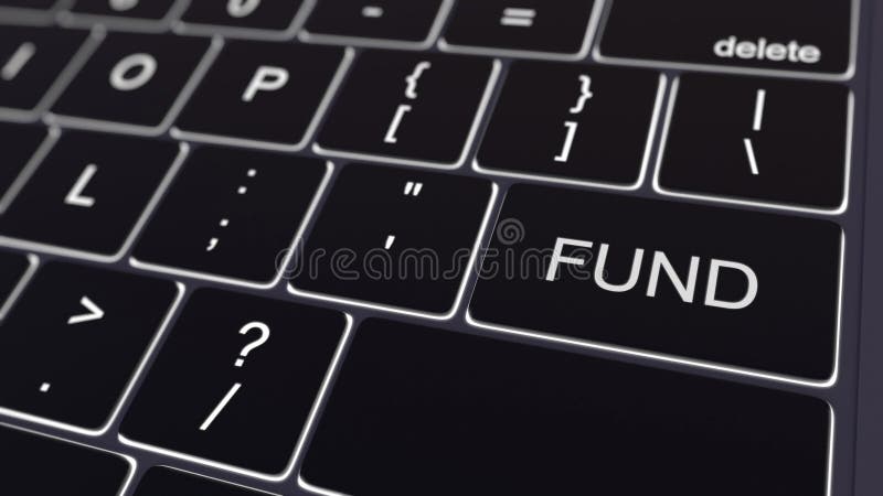 Black computer keyboard and glowing fund key. Conceptual 3D rendering stock image
