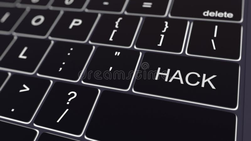 Black computer keyboard and glowing hack key. Conceptual 3D rendering royalty free stock photo