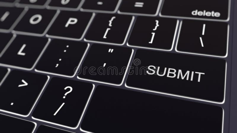 Black computer keyboard and glowing submit key. Conceptual 3D rendering
