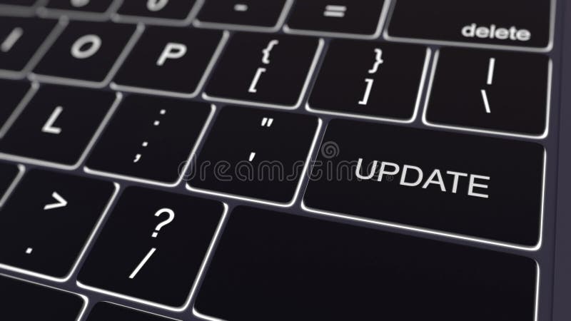 Black computer keyboard and glowing update key. Conceptual 3D rendering stock photo